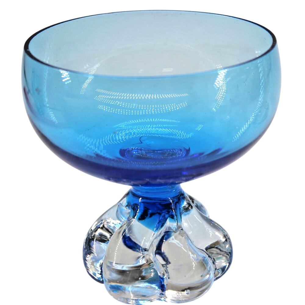 Hand Blown Footed Dish Bowl Cobalt Aqua Blue Clear Twisted • 4"" Tall • Heavy